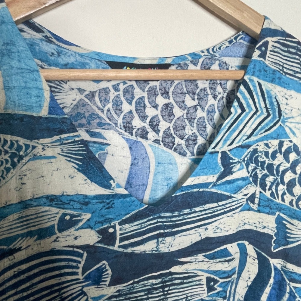 Jams World Womens Blue Fish Batik Print V-Neck Ruffle Hem Shift Dress Sleeveless - Picture 7 of 10
